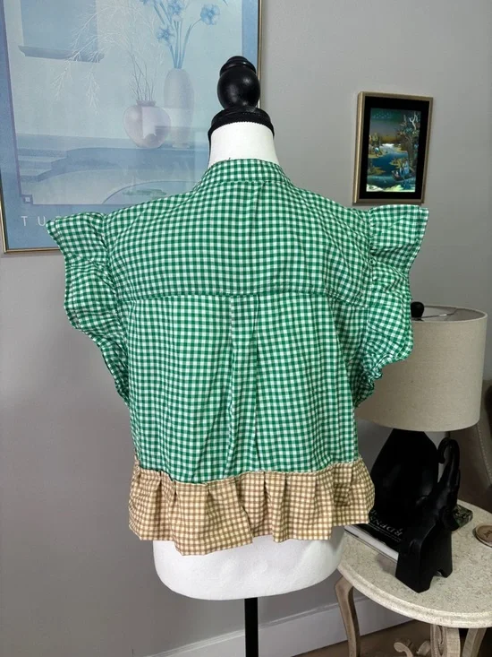 Chaps Green Gingham Ruffle Peplum Top with Tan Hem - Picture 5 of 6